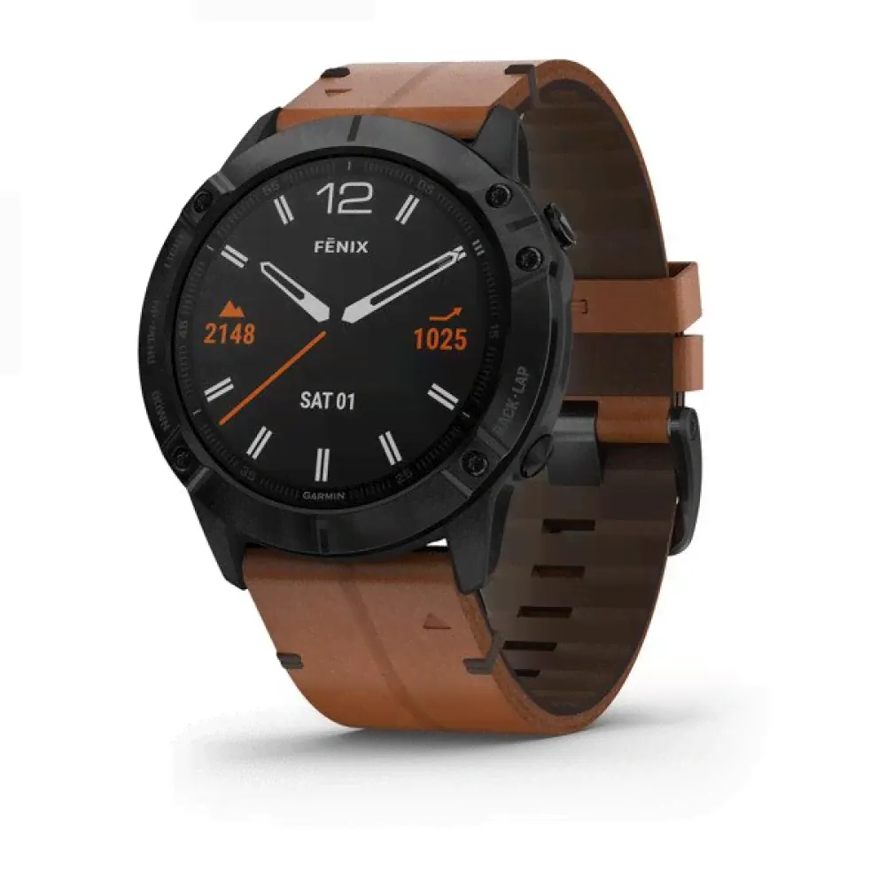 Fenix 6X Sapphire Black DLC with Chestnut Leather Band-0
