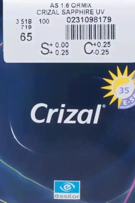 1.61 As Ormix Crizal Sapphire UV