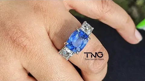 GIA Certified 5.39 carat Sri Lankan Blue Sapphire with Cushion Lab Grown Diamond Sides in 18K WG!
